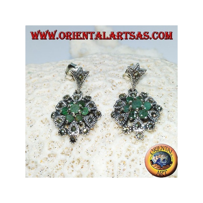 Silver earrings with 7 round emeralds and marcasites