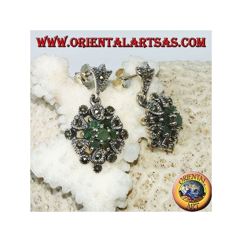 Boucles d'oreilles en argent avec 7 émeraudes et marcassites rondes