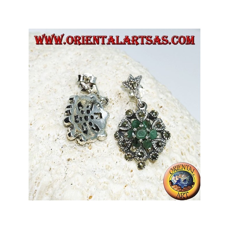 Boucles d'oreilles en argent avec 7 émeraudes et marcassites rondes