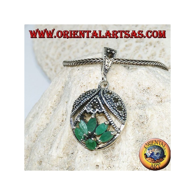 Lotus flower silver pendant with 5 shuttle emeralds and 1 round