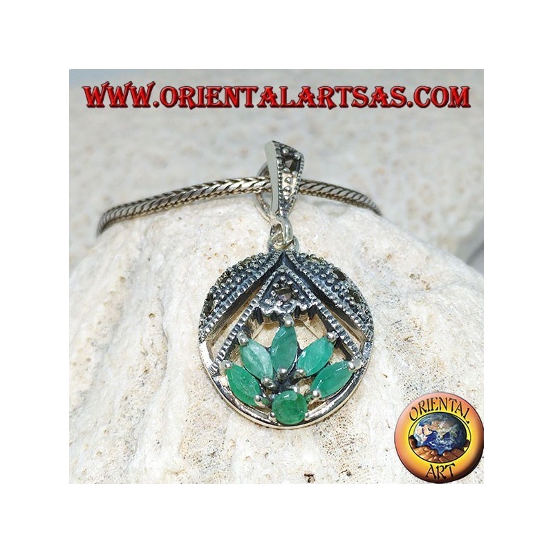 Lotus flower silver pendant with 5 shuttle emeralds and 1 round
