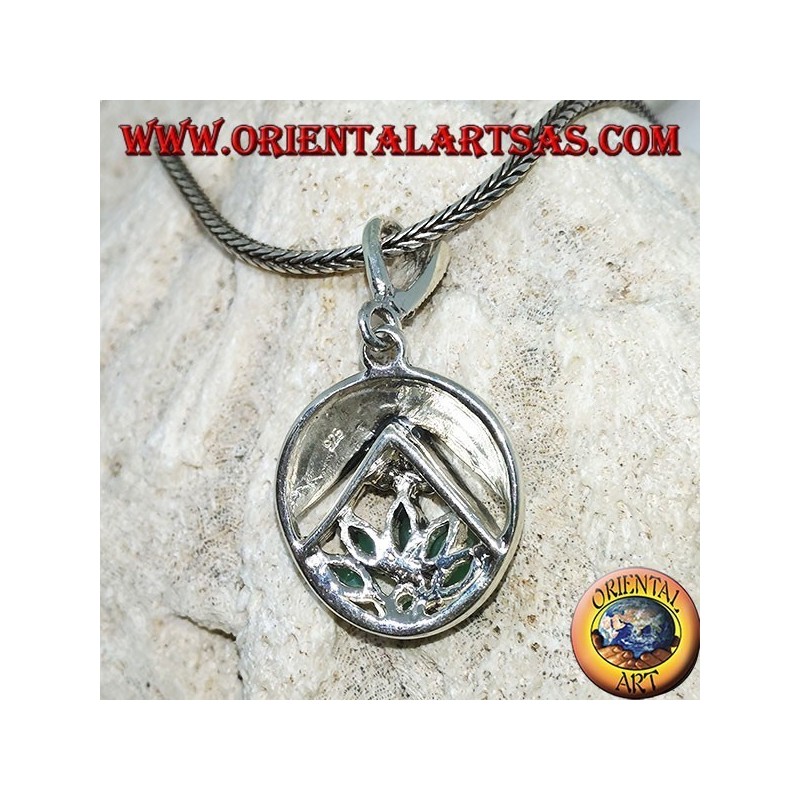 Lotus flower silver pendant with 5 shuttle emeralds and 1 round