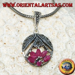 Lotus flower silver pendant with 5 rubies in shuttle and 1 round