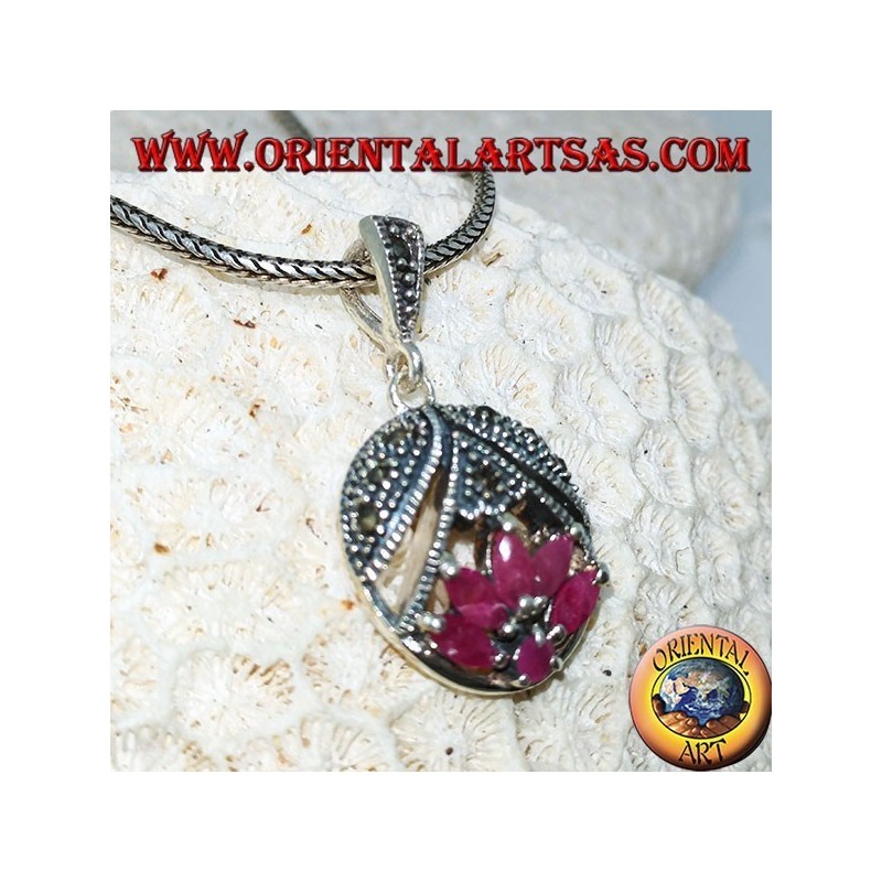 Lotus flower silver pendant with 5 rubies in shuttle and 1 round
