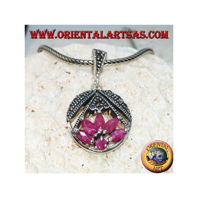 Lotus flower silver pendant with 5 rubies in shuttle and 1 round