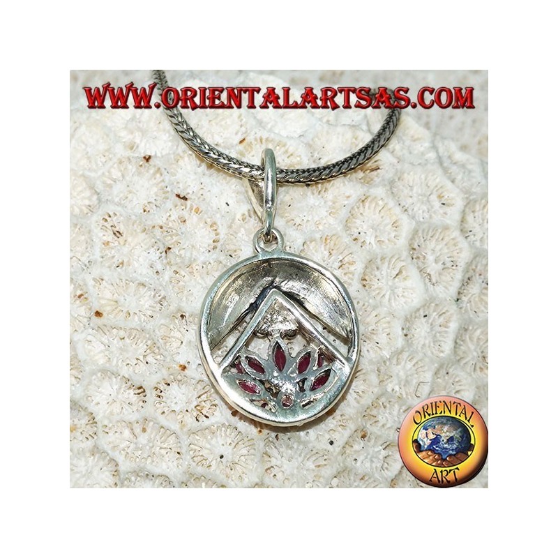 Lotus flower silver pendant with 5 rubies in shuttle and 1 round
