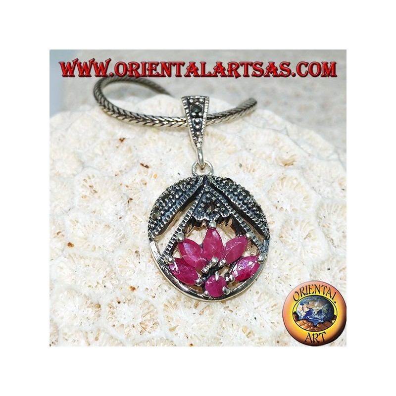 Lotus flower silver pendant with 5 rubies in shuttle and 1 round