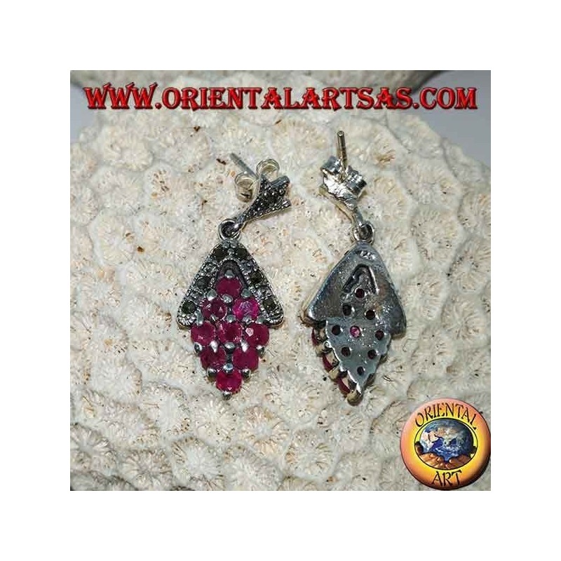 Silver earrings with 9 natural round rubies set with rhombus and marcasite
