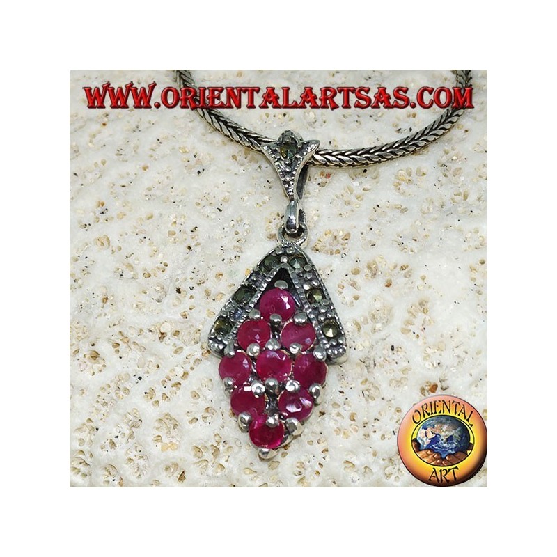 Silver pendant with 9 natural round rubies set with rhombus and marcasite