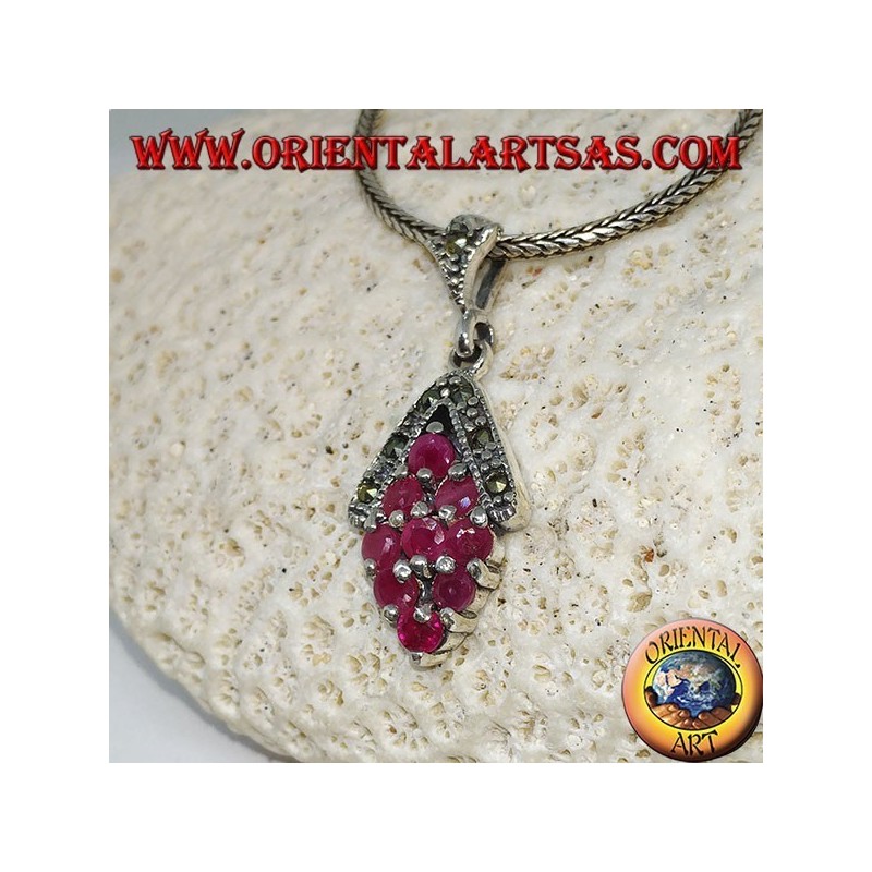 Silver pendant with 9 natural round rubies set with rhombus and marcasite