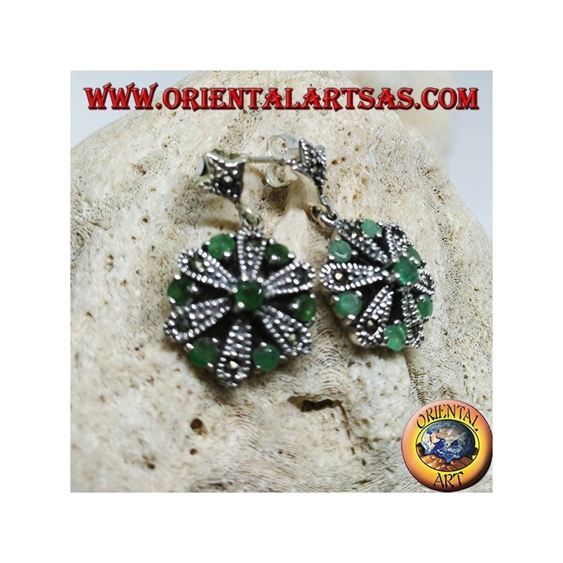 Silver daisy earrings with 6 +1 natural round and marcasite emeralds