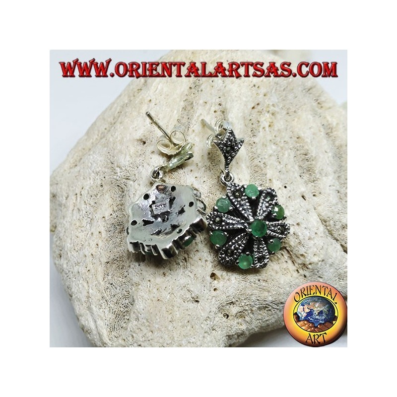 Silver daisy earrings with 6 +1 natural round and marcasite emeralds