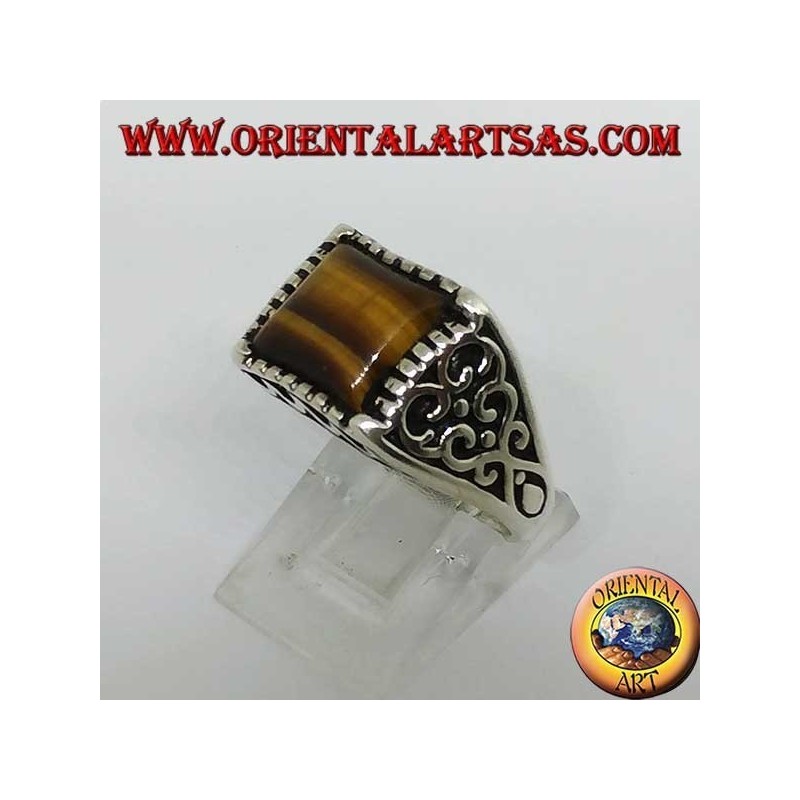 Silberring mit Flammendekor und eckigem Tigerauge