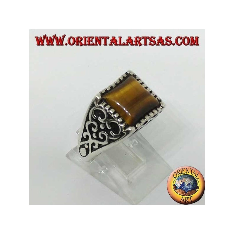 Silver ring with baroque decorations and rectangular Tiger eye