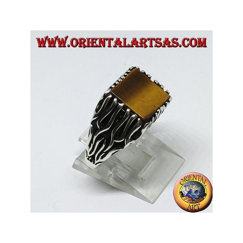 Silver ring with flame decorations and square Tiger eye (flat)