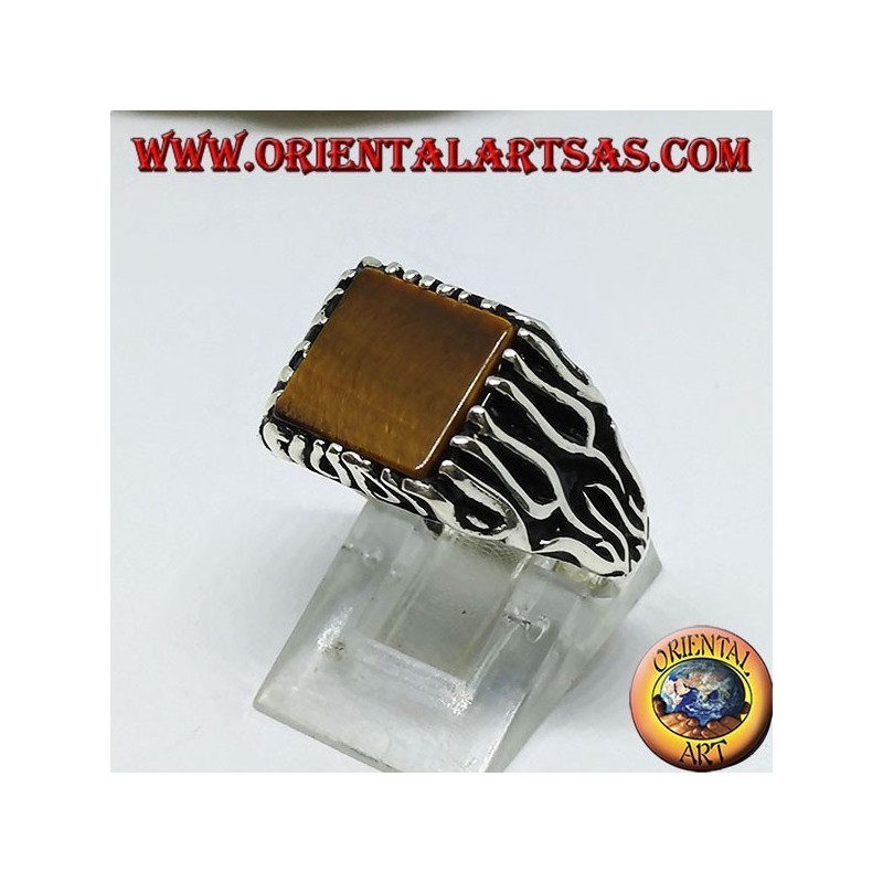 Anello in argento con decorazioni a fiamma e occhio di Tigre quadrato (piatto)