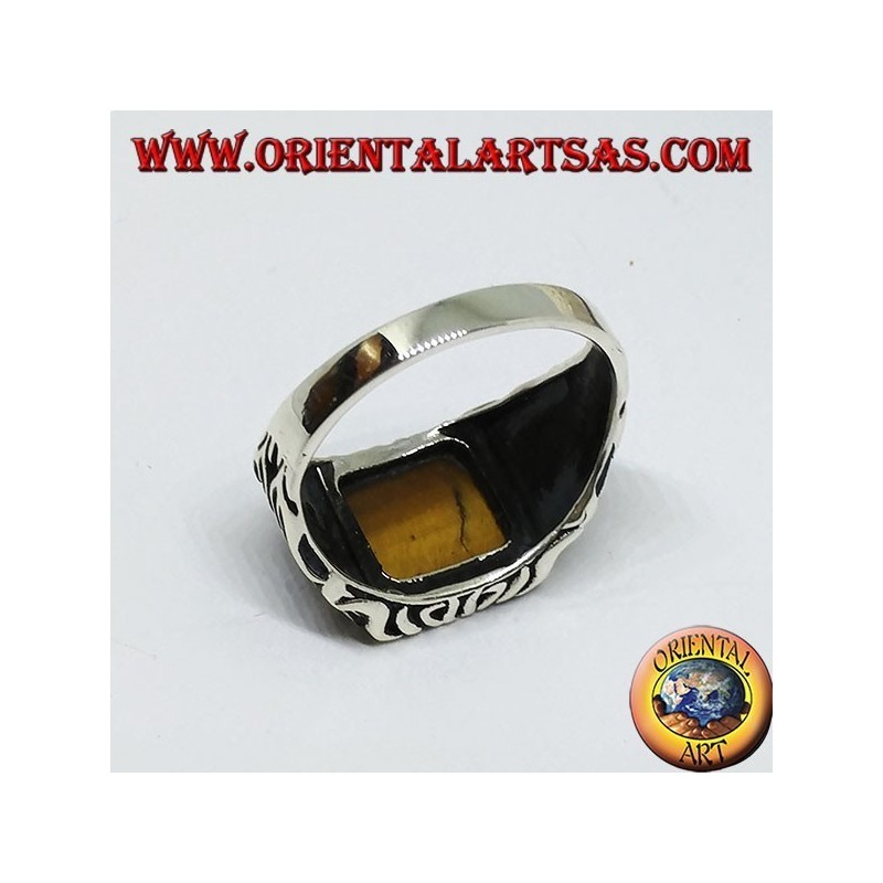 Anello in argento con decorazioni a fiamma e occhio di Tigre quadrato (piatto)