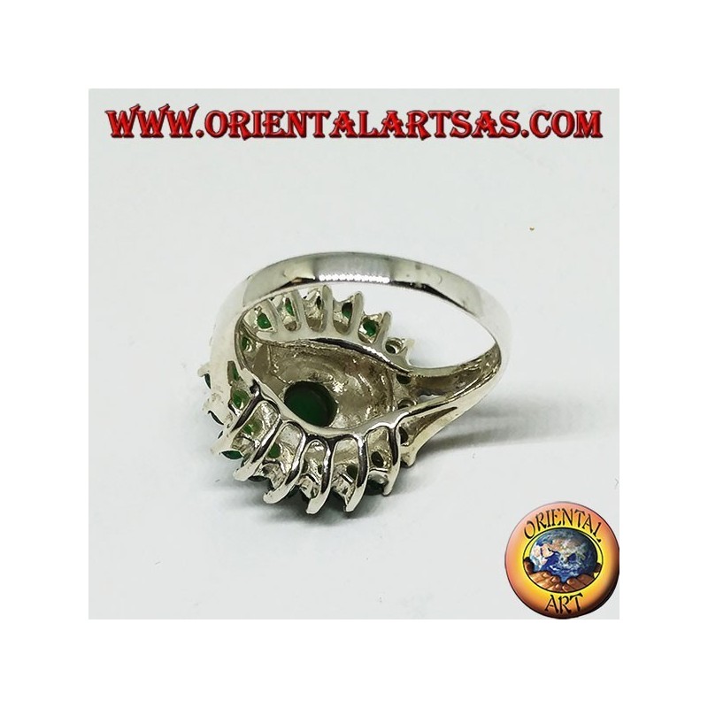 Anillo redondo de plata con 18 + 1 ágata verde redonda y marcasitas