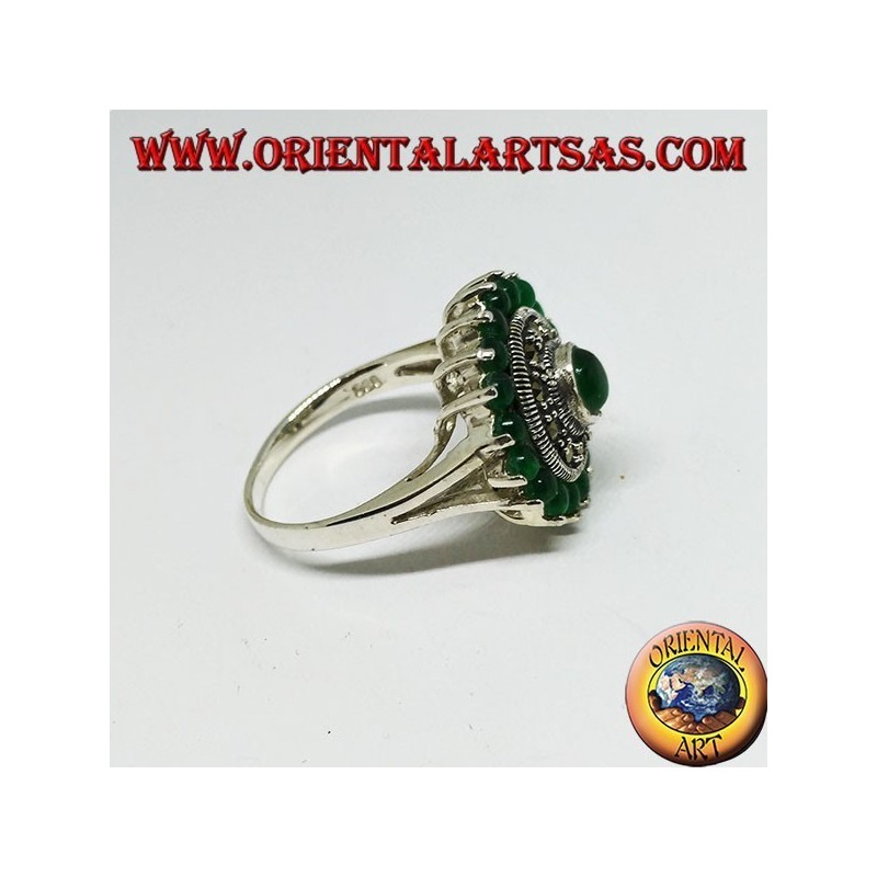 Anillo redondo de plata con 18 + 1 ágata verde redonda y marcasitas
