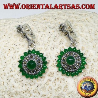 Boucles d'oreilles rondes en argent avec 18 + 1 rond en agate verte et marcassites