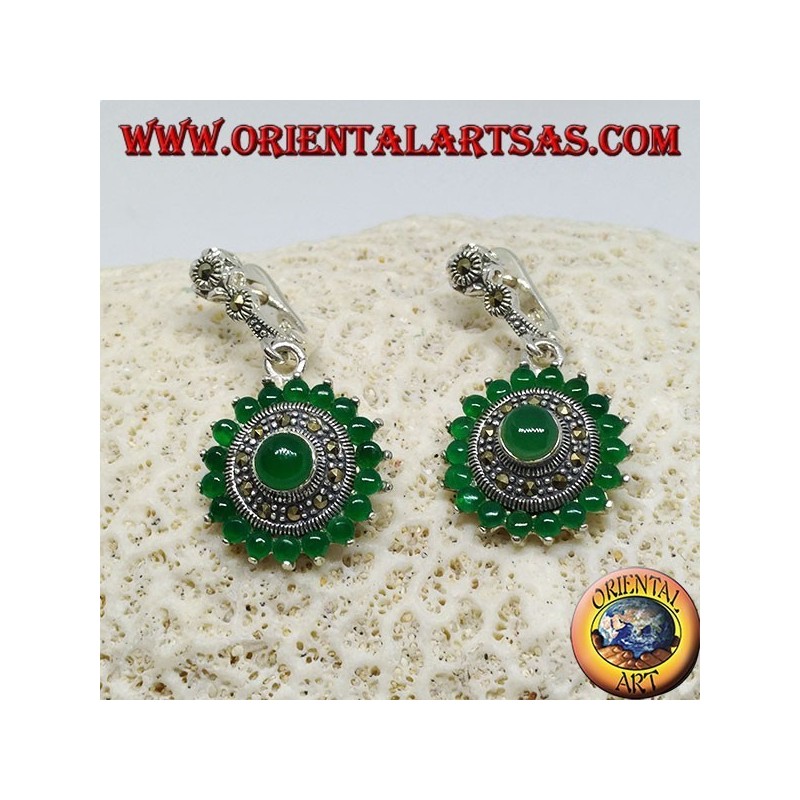 Round silver earrings, with 18 + 1 round green agate and marcasites