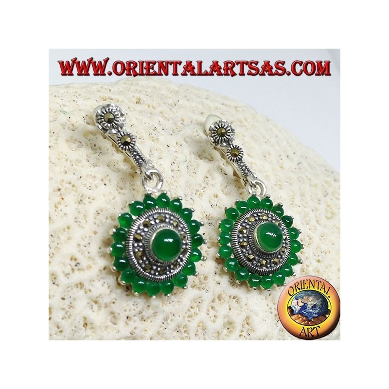 Boucles d'oreilles rondes en argent avec 18 + 1 rond en agate verte et marcassites