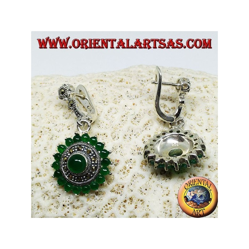 Pendientes redondos de plata con 18 + 1 ágata verde redonda y marcasitas