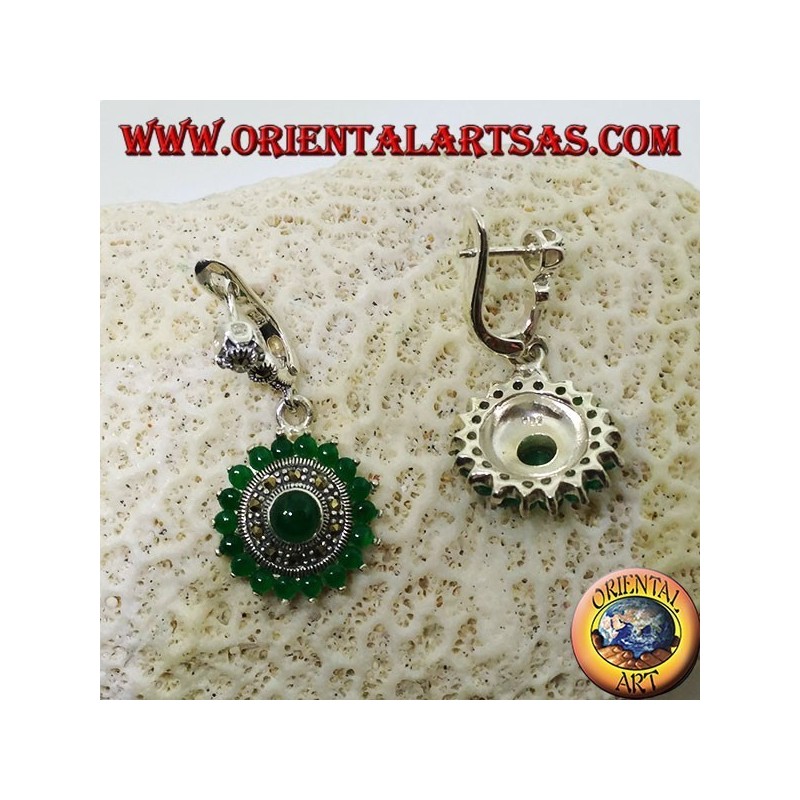 Round silver earrings, with 18 + 1 round green agate and marcasites