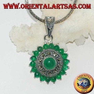 Boucles d'oreilles rondes en argent avec 18 + 1 rond en agate verte et marcassites