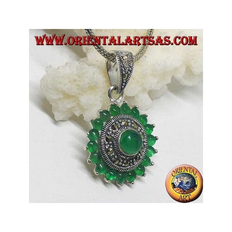 Boucles d'oreilles rondes en argent avec 18 + 1 rond en agate verte et marcassites