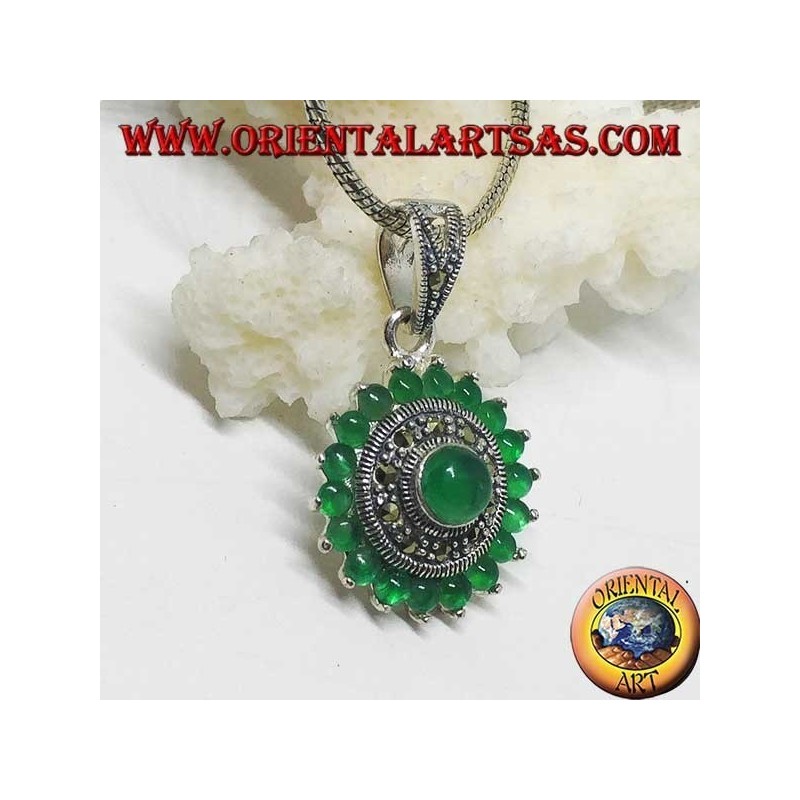 Boucles d'oreilles rondes en argent avec 18 + 1 rond en agate verte et marcassites