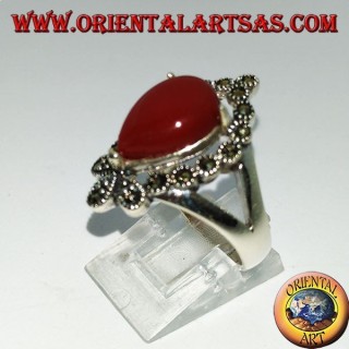 Silver ring, with drop-shaped carnelian surrounded by marcasite