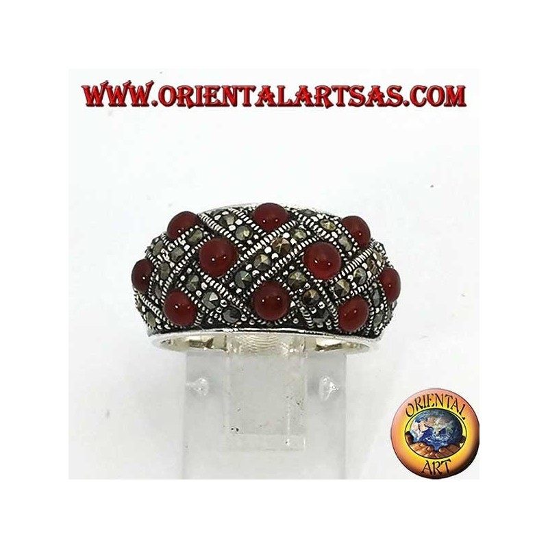 Silver ring with curved band with ten spherical cornels with the marcasite content