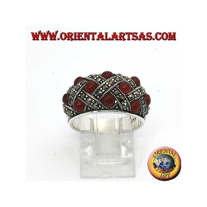 Silver ring with curved band with ten spherical cornels with the marcasite content