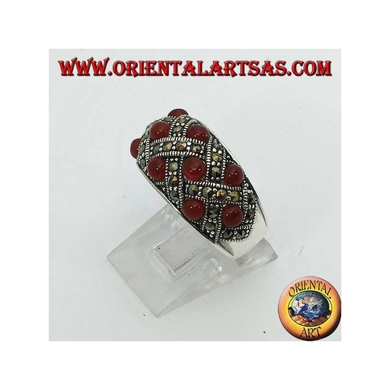 Bague en argent avec bande incurvée à dix couronnes sphériques ornées de marcassite