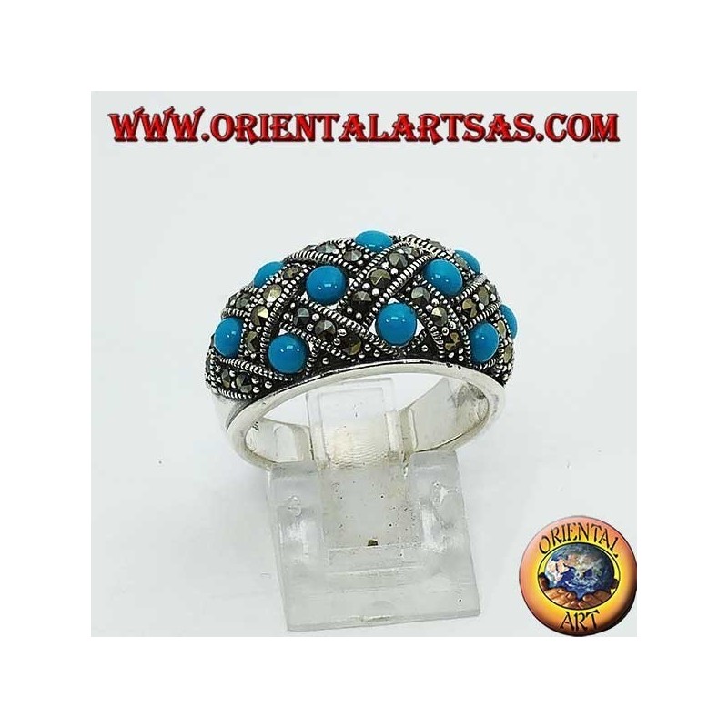 Silver ring with curved band with ten spherical turquoises topped with marcasite