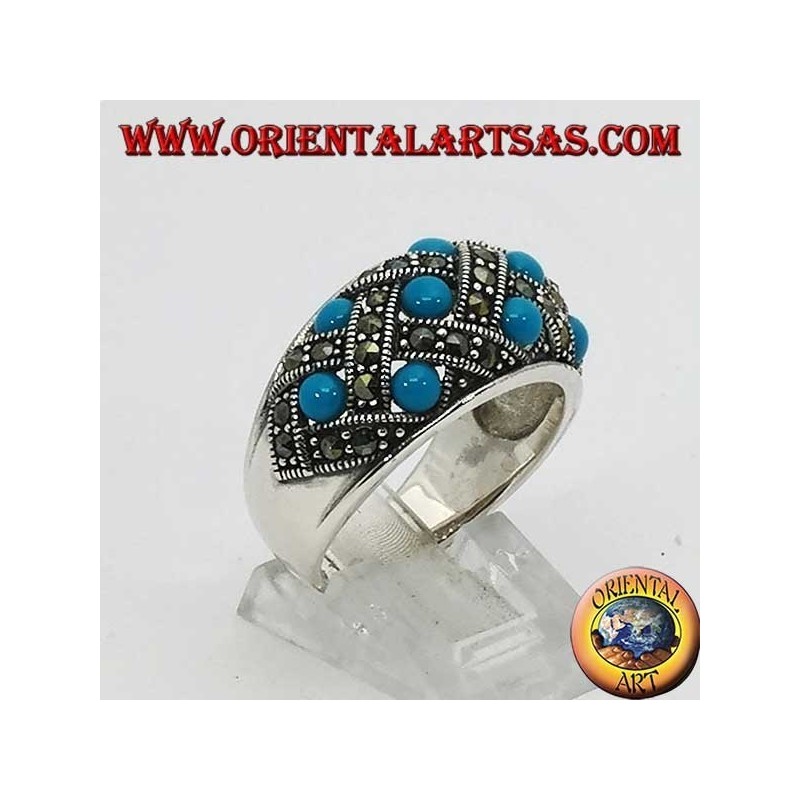 Silver ring with curved band with ten spherical turquoises topped with marcasite