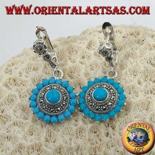 Round silver earrings, with 18 + 1 turquoise and surrounded by marcasites