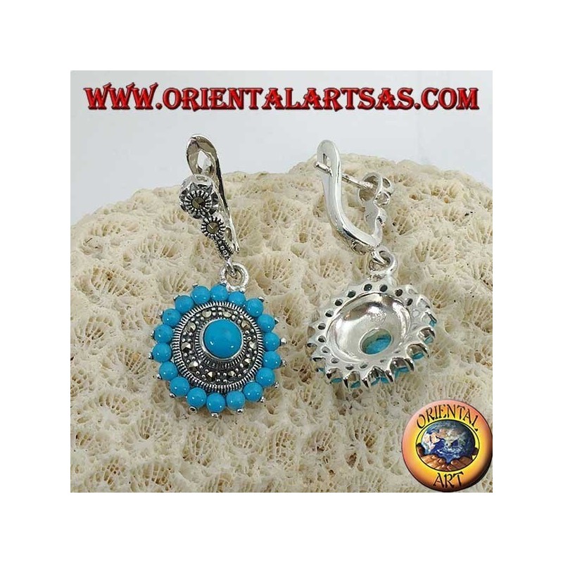 Round silver earrings, with 18 + 1 turquoise and surrounded by marcasites