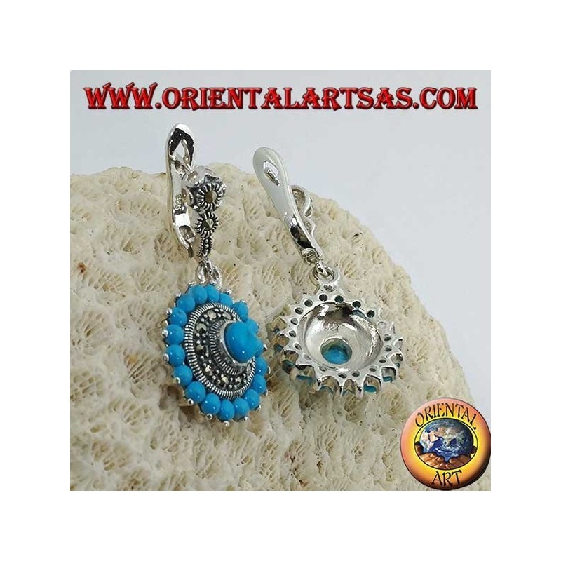 Boucles d'oreilles rondes en argent, avec 18 + 1 turquoise et entourées de marcassites