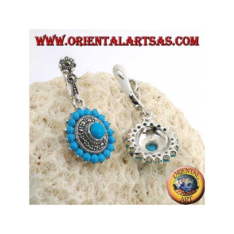 Boucles d'oreilles rondes en argent, avec 18 + 1 turquoise et entourées de marcassites