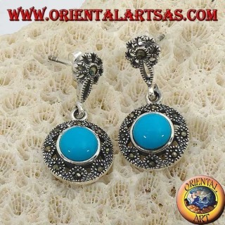Round pendent silver earrings, with a central turquoise surrounded by marcasites