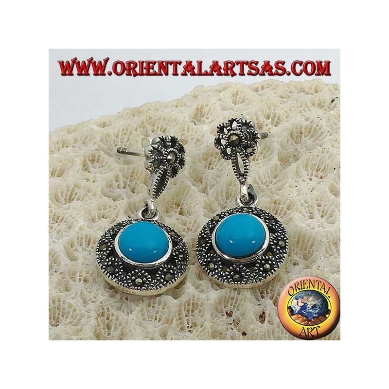 Boucles d'oreilles pendantes rondes en argent, avec une turquoise centrale entourée de marcassites