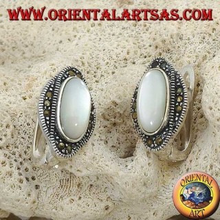 Silver lobe earrings with oval mother of pearl surrounded by marcasites