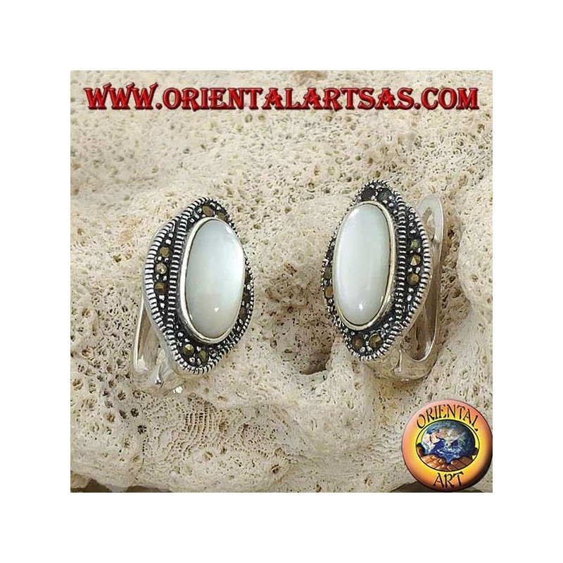 Silver lobe earrings with oval mother of pearl surrounded by marcasites