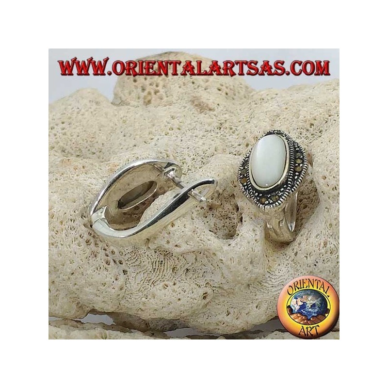 Silver lobe earrings with oval mother of pearl surrounded by marcasites