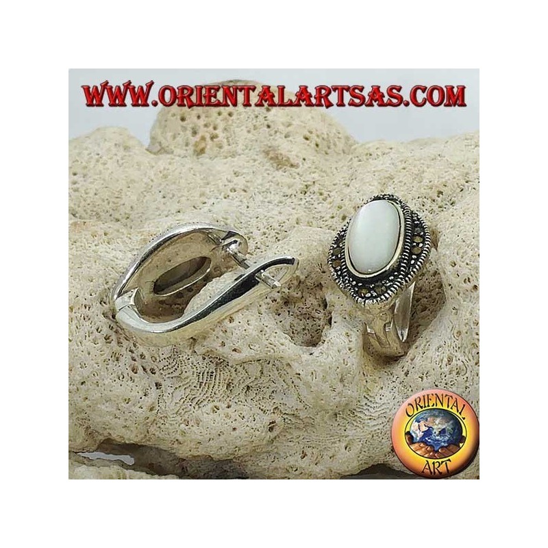 Silver lobe earrings with oval mother of pearl surrounded by marcasites