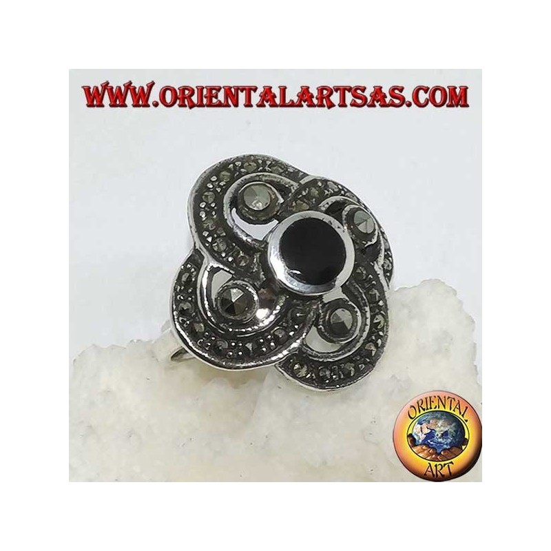 Silver ring with a round onyx with 4 large marcasites, surrounded by small marcasites