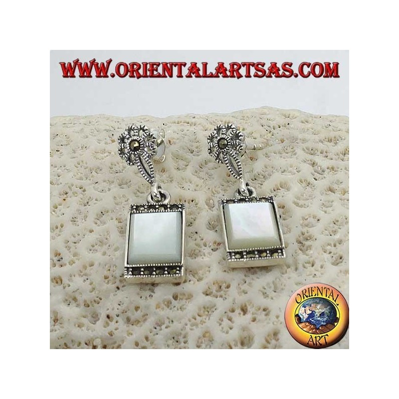 Silver pendent earrings with rectangular mother-of-pearl surrounded by marcasites