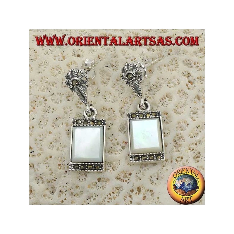 Silver pendent earrings with rectangular mother-of-pearl surrounded by marcasites